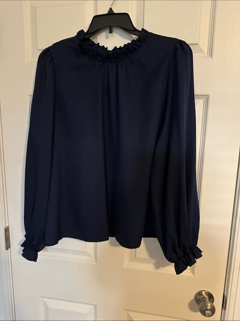 Classic Ruffled Neck Navy Blouse - Women